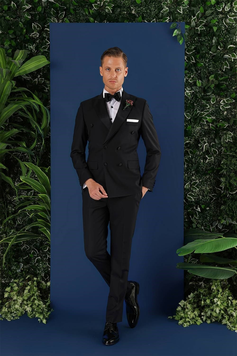Slim Fit Çıkarılabilir Saten Yaka Kruvaze Siyah Damatlık Smokin Takım Black 071