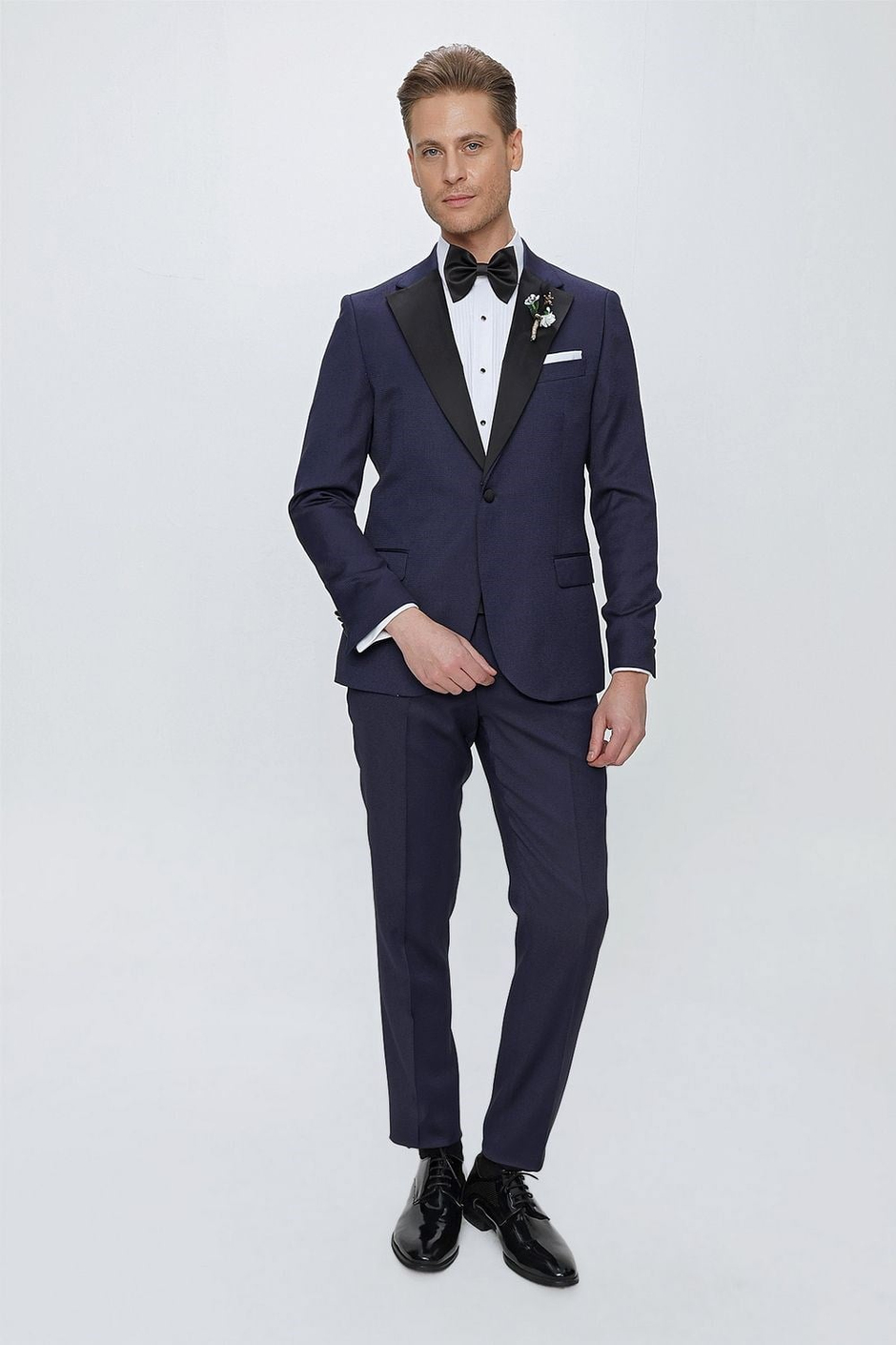Slim Fit Çıkarılabilir Saten Yaka Lacivert Damatlık Smokin Takım Black 062