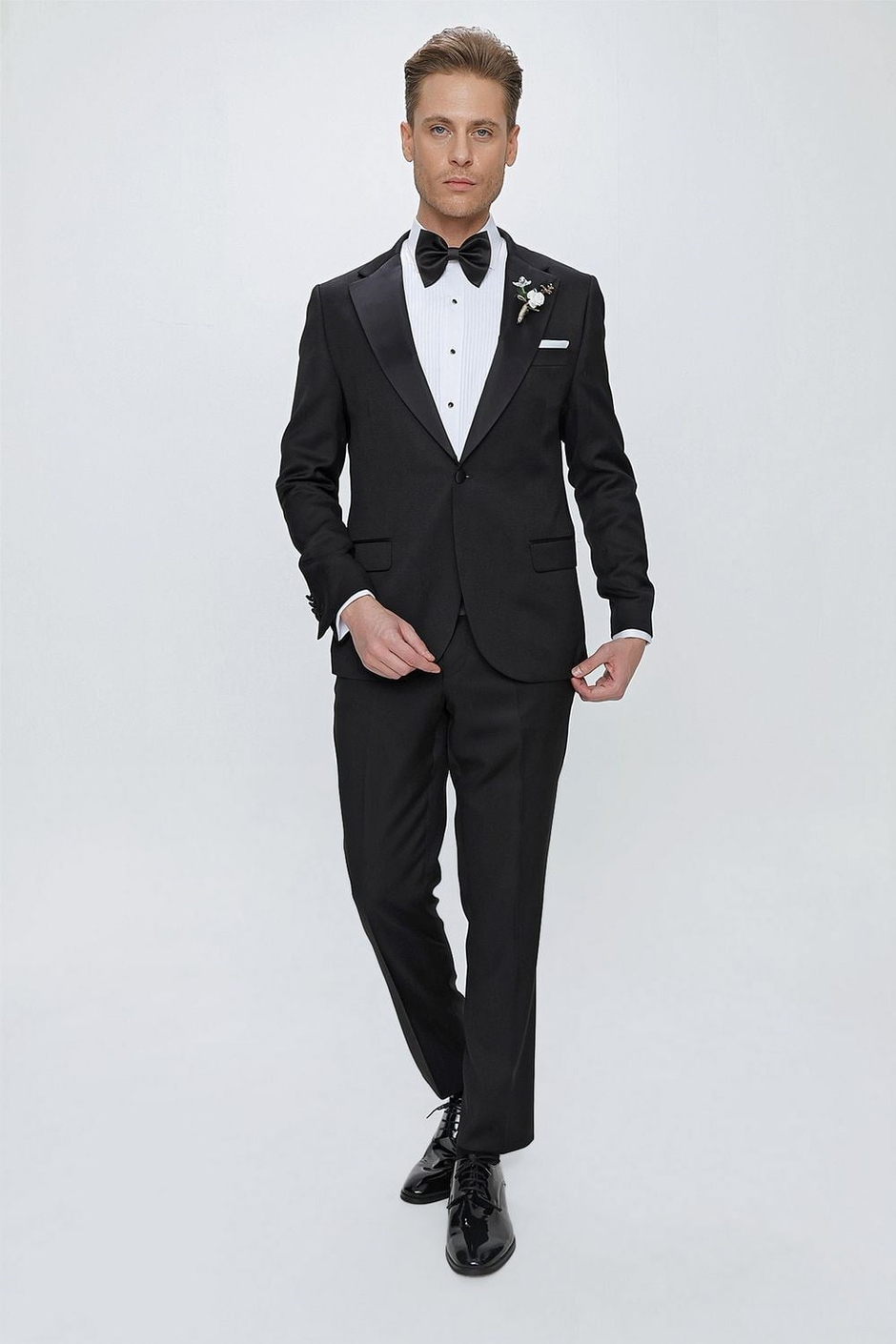 Slim Fit Çıkarılabilir Saten Yaka Siyah Damatlık Smokin Takım Black 062