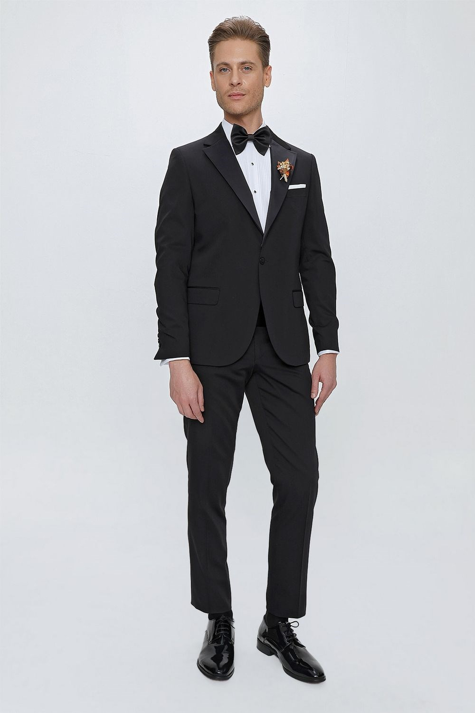 Slim Fit Çıkarılabilir Saten Yaka Siyah Damatlık Smokin Takım Black 061