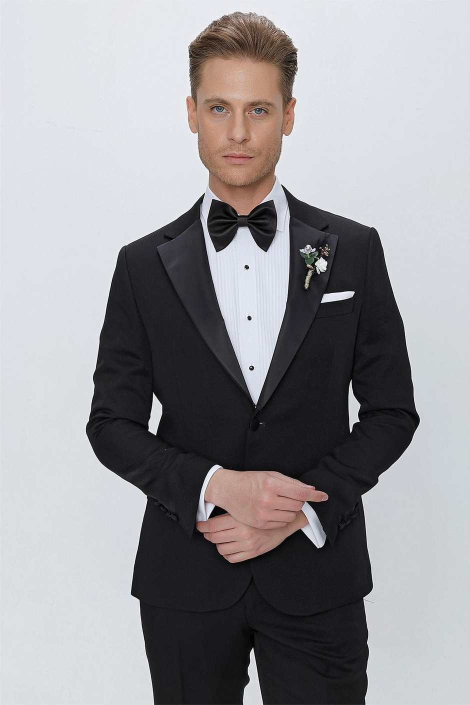 Slim Fit Çıkarılabilir Saten Yaka Siyah Damatlık Smokin Takım Black 067