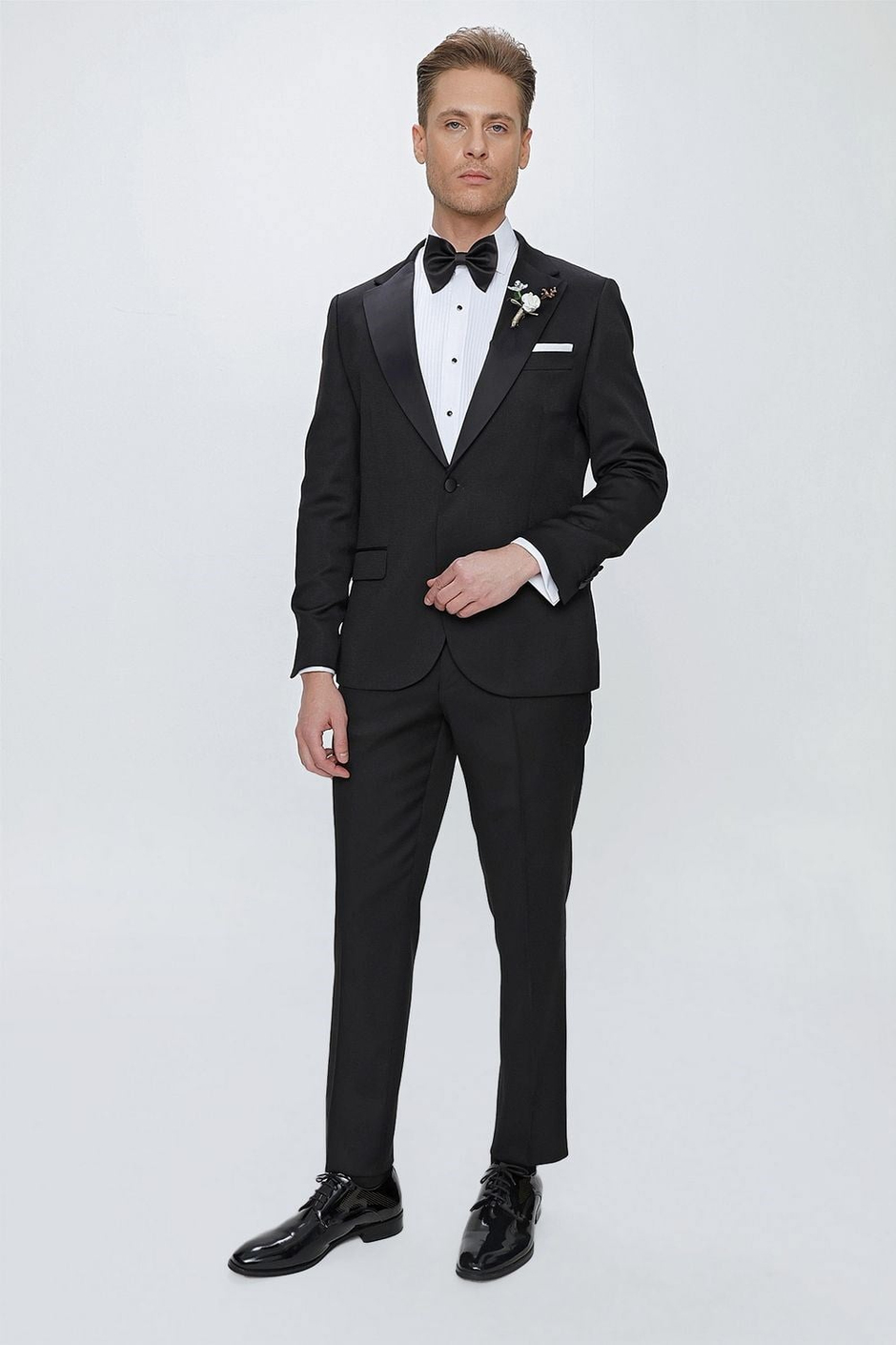 Slim Fit Çıkarılabilir Saten Yaka Siyah Damatlık Smokin Takım Black 062