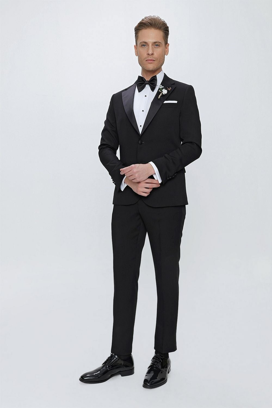 Slim Fit Çıkarılabilir Saten Yaka Siyah Damatlık Smokin Takım Black 067