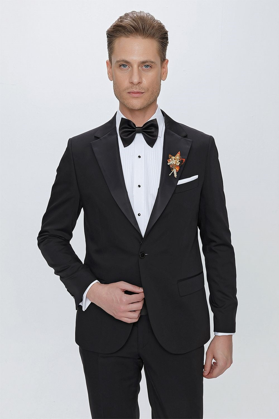 Slim Fit Çıkarılabilir Saten Yaka Siyah Damatlık Smokin Takım Black 061