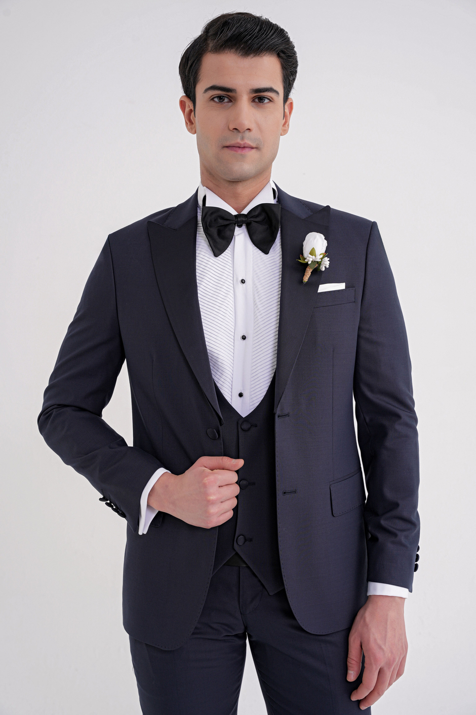 Slim Fit Çıkarılabilir Saten Yaka Yelekli Lacivert Damatlık Smokin Takım Black 077