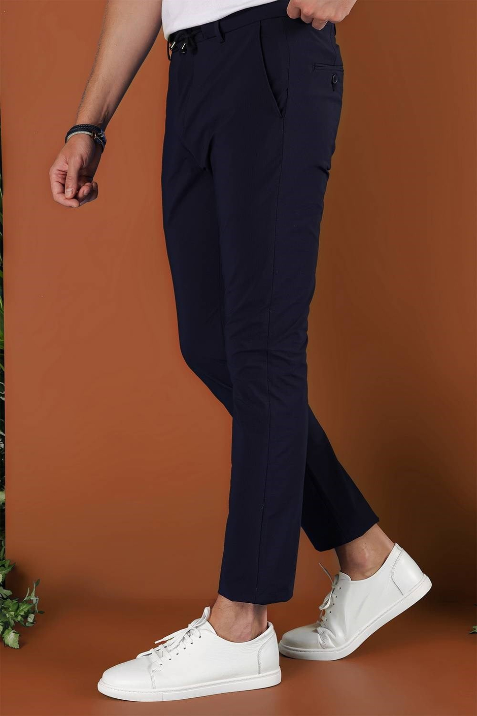 Slim Fit Çizgili Dokuma Beli İpli Esnek Pamuk Lacivert Jogger Pantolon P 1121