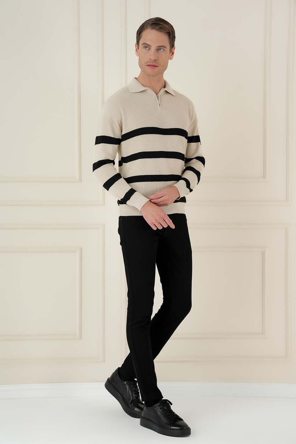 Slim Fit Çizgili Fermuarlı Polo Yaka Bej Triko Kazak TR 877