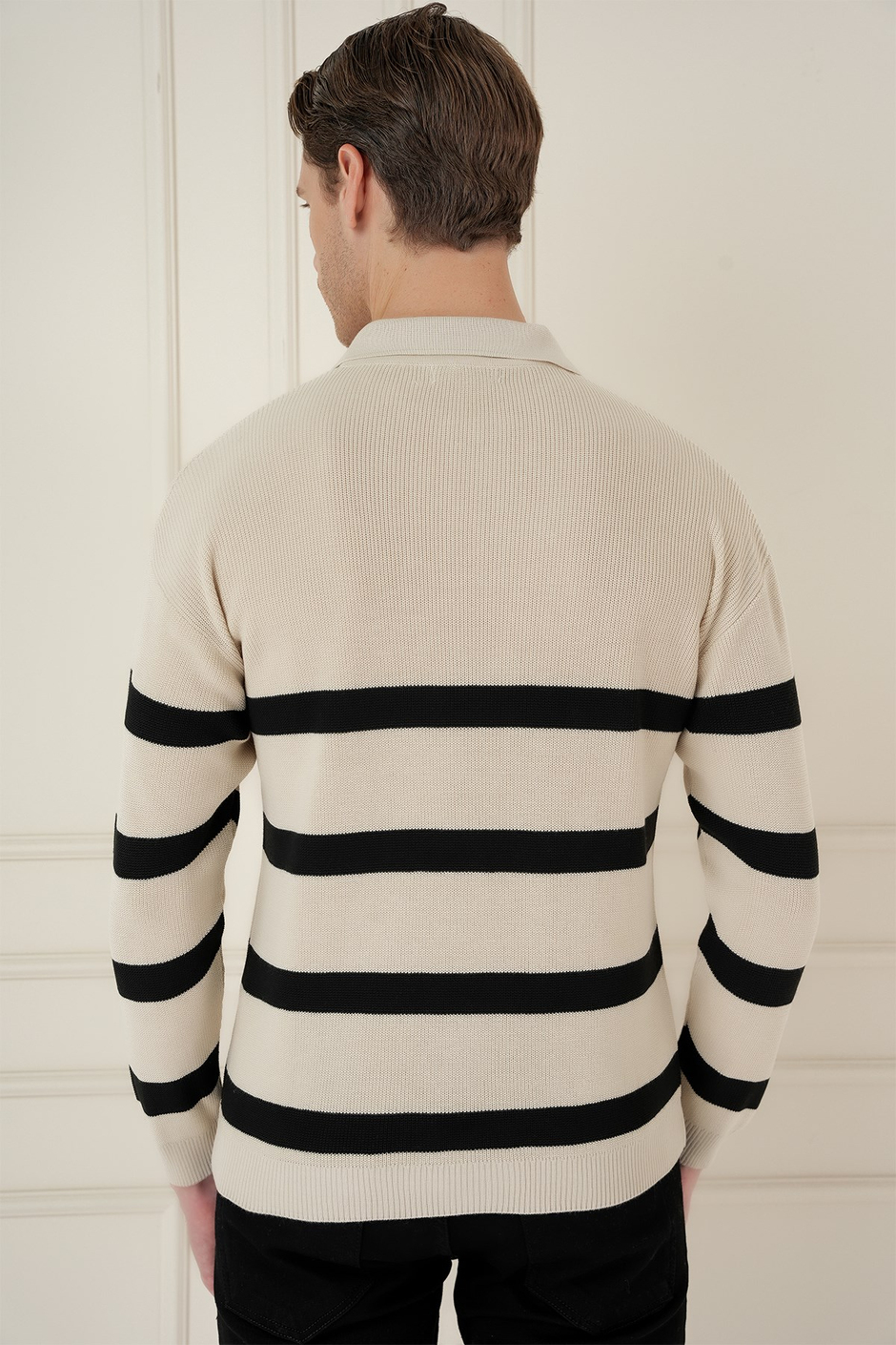 Slim Fit Çizgili Fermuarlı Polo Yaka Bej Triko Kazak TR 877