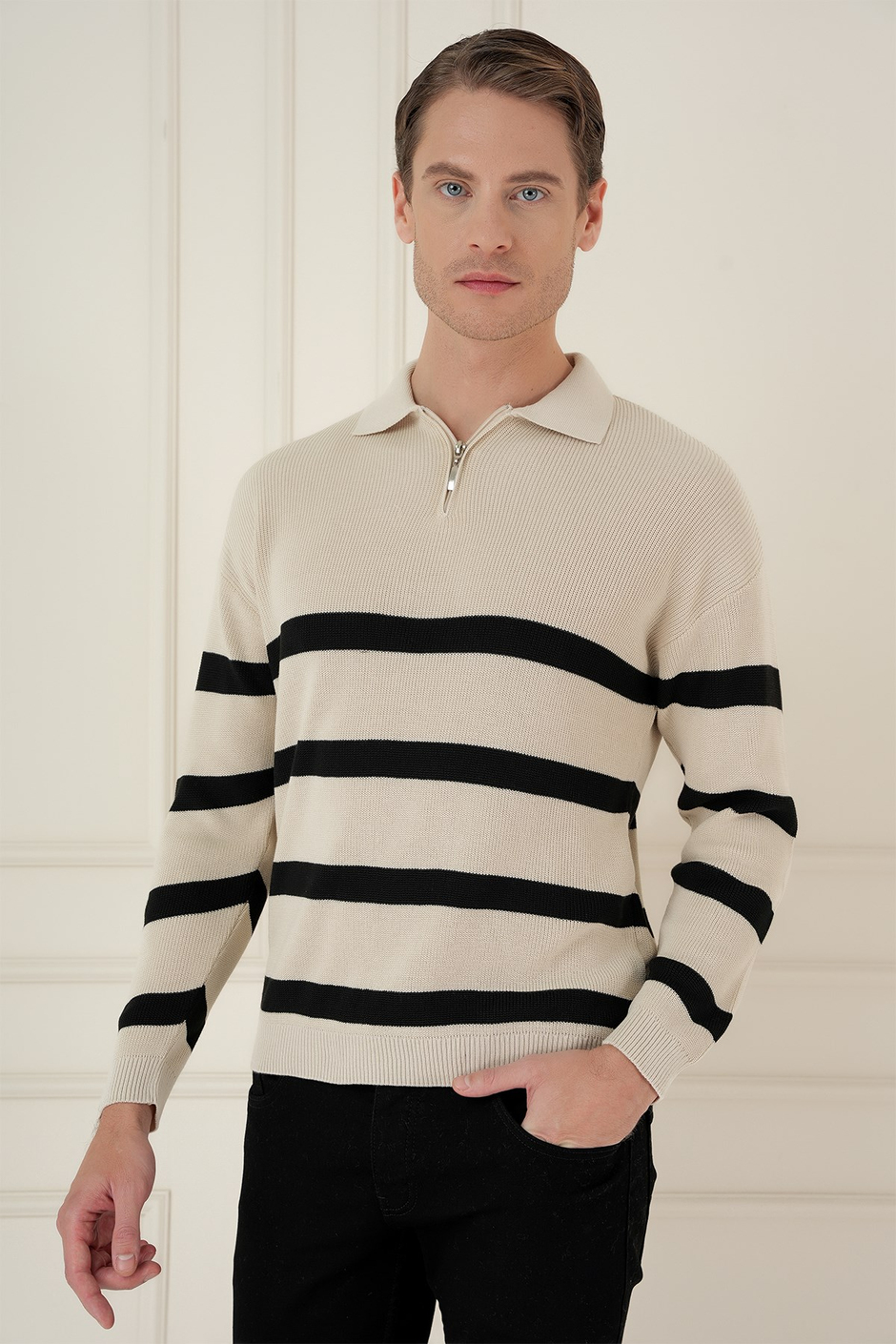 Slim Fit Çizgili Fermuarlı Polo Yaka Bej Triko Kazak TR 877