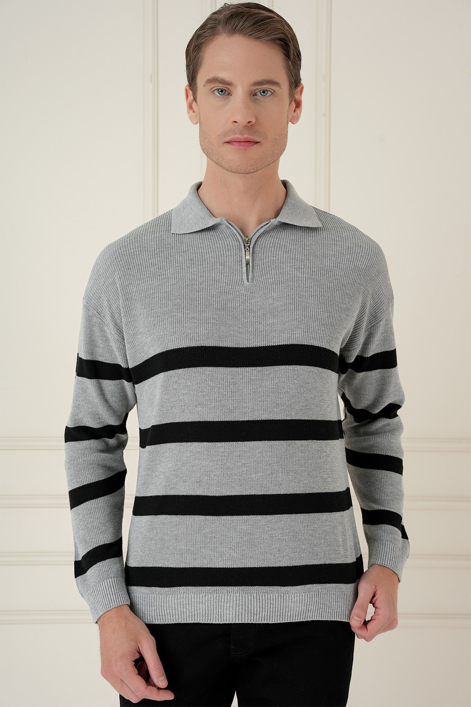 Slim Fit Çizgili Fermuarlı Polo Yaka Gri Triko Kazak TR 877