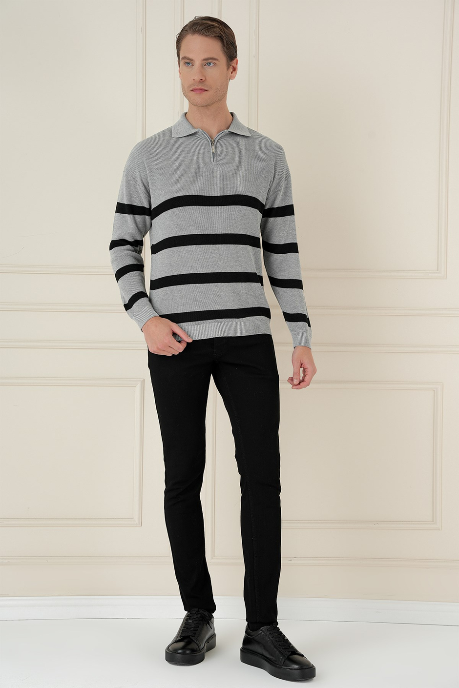 Slim Fit Çizgili Fermuarlı Polo Yaka Gri Triko Kazak TR 877