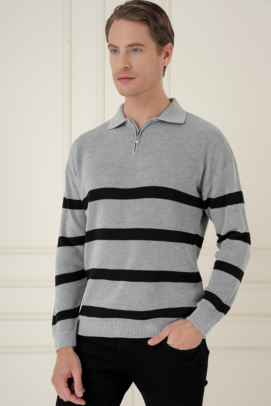 Slim Fit Çizgili Fermuarlı Polo Yaka Gri Triko Kazak TR 877