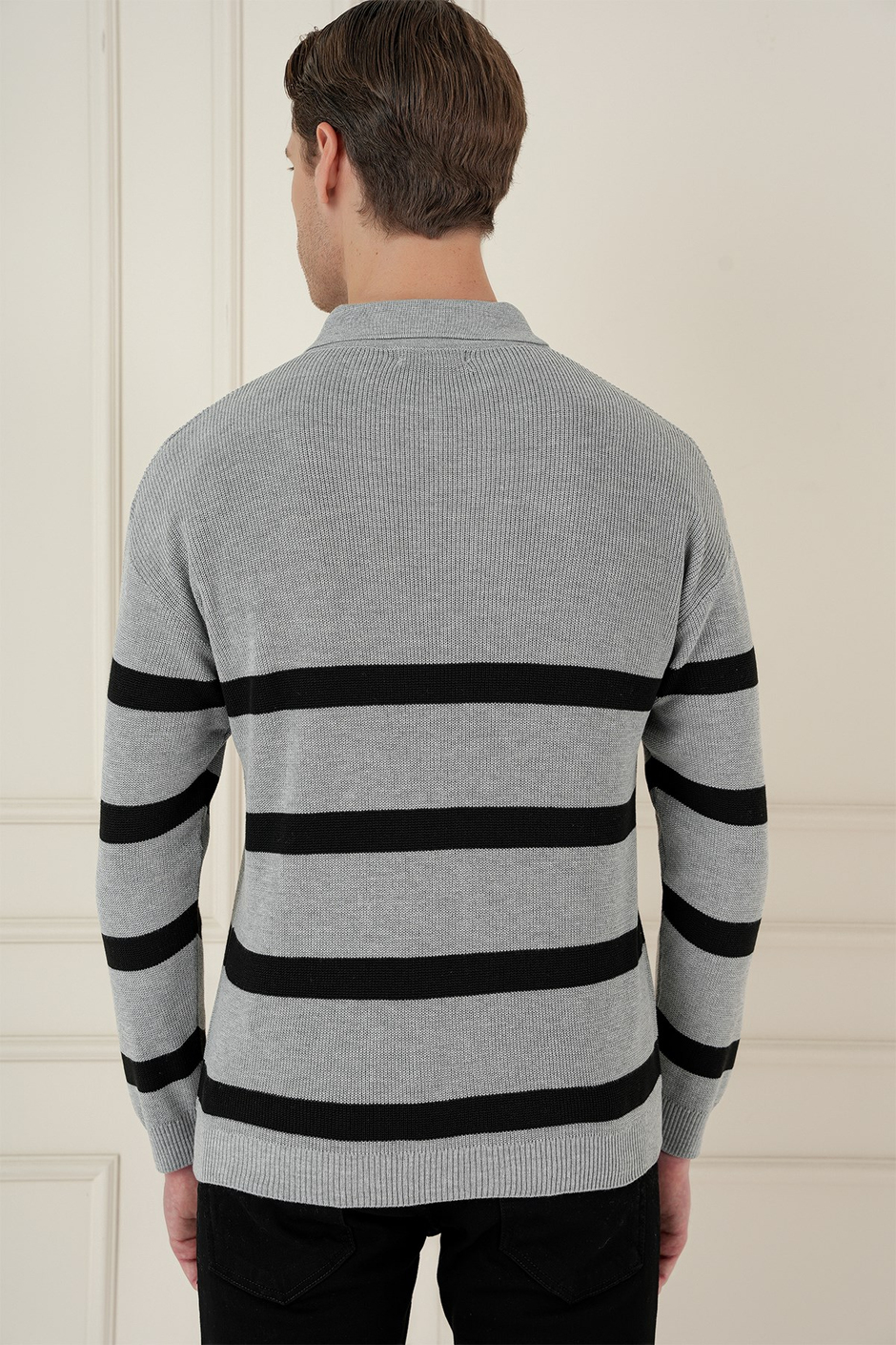 Slim Fit Çizgili Fermuarlı Polo Yaka Gri Triko Kazak TR 877