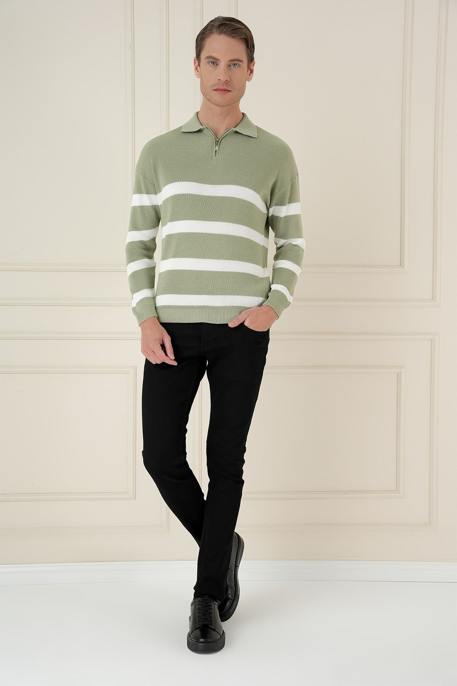 Slim Fit Çizgili Fermuarlı Polo Yaka Yeşil Triko Kazak TR 877