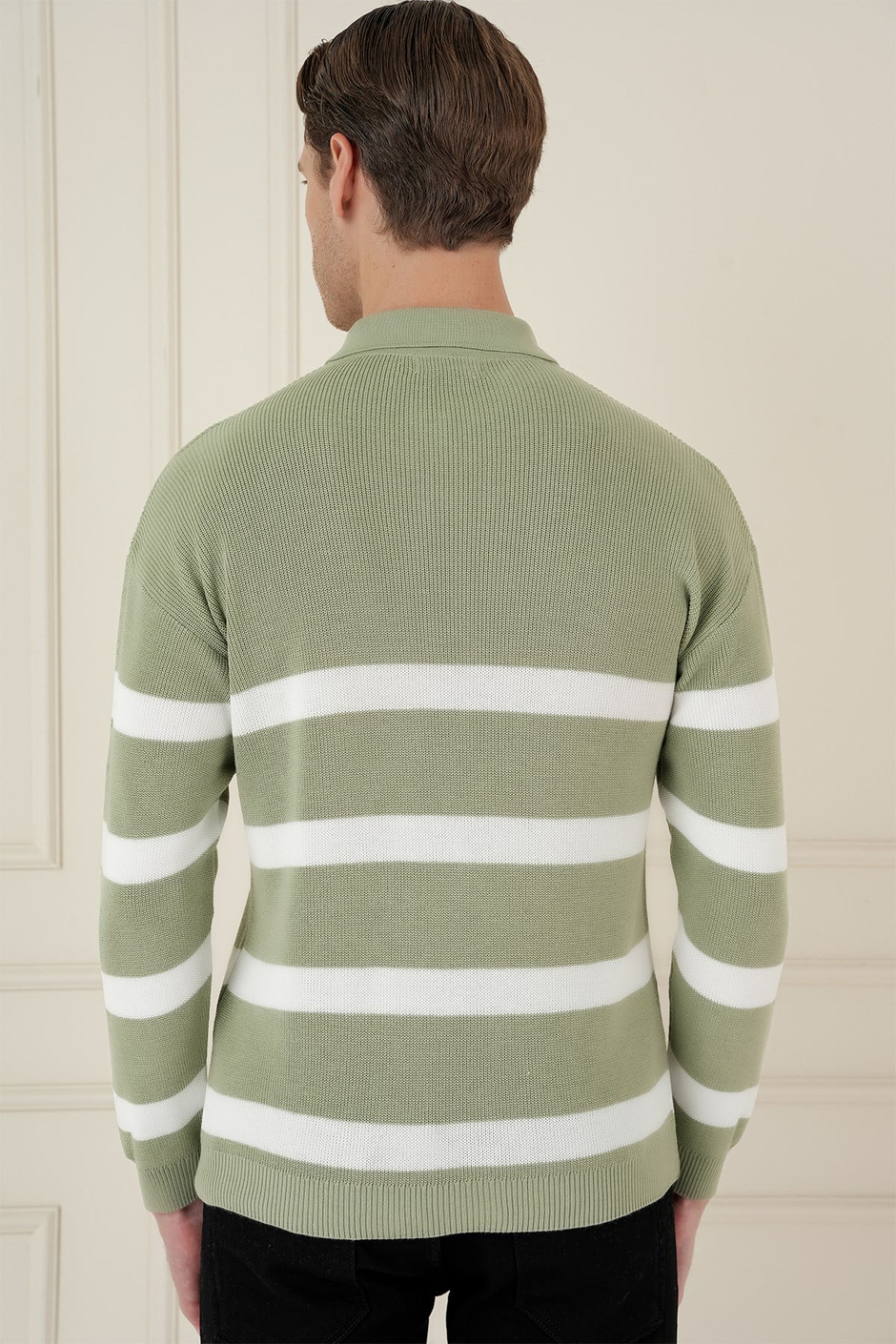 Slim Fit Çizgili Fermuarlı Polo Yaka Yeşil Triko Kazak TR 877