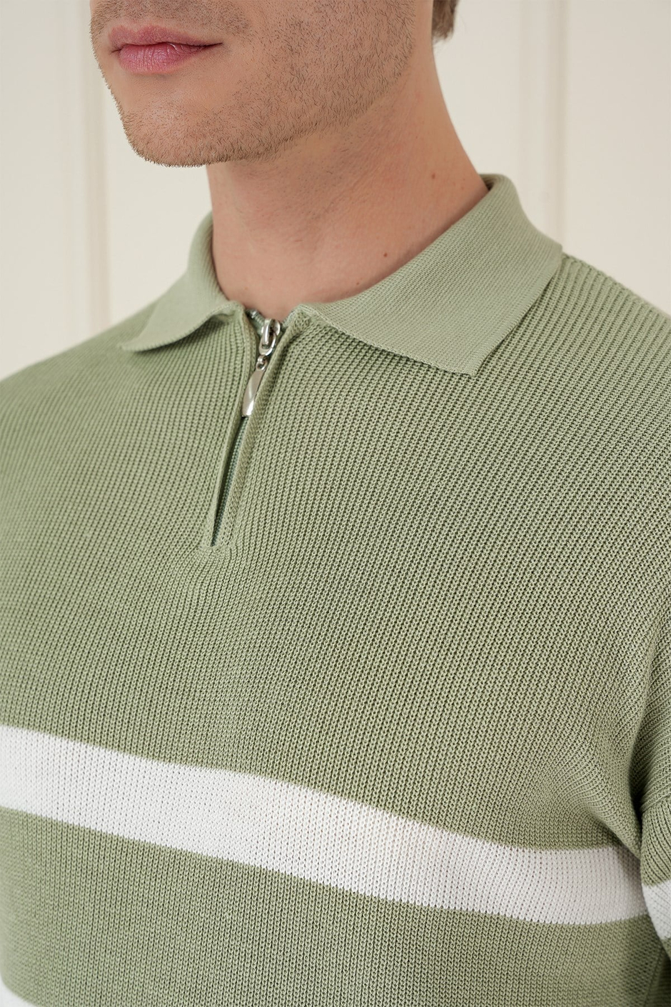 Slim Fit Çizgili Fermuarlı Polo Yaka Yeşil Triko Kazak TR 877