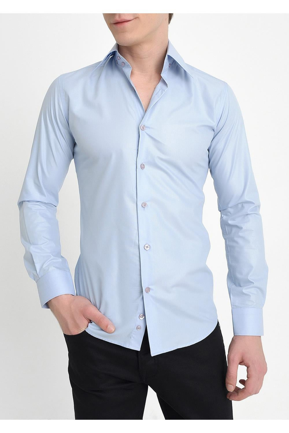 Slim Fit Dik Yaka Pamuk Saten Uzun Kol Klasik Açık Mavi Gömlek  G 565