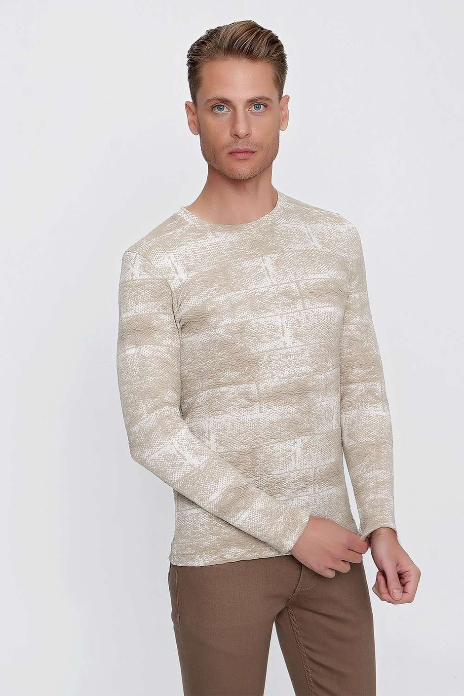 Slim Fit Doku Desenli Bisiklet Yaka Pamuklu Uzun Kollu Bej Tişört Ts 839