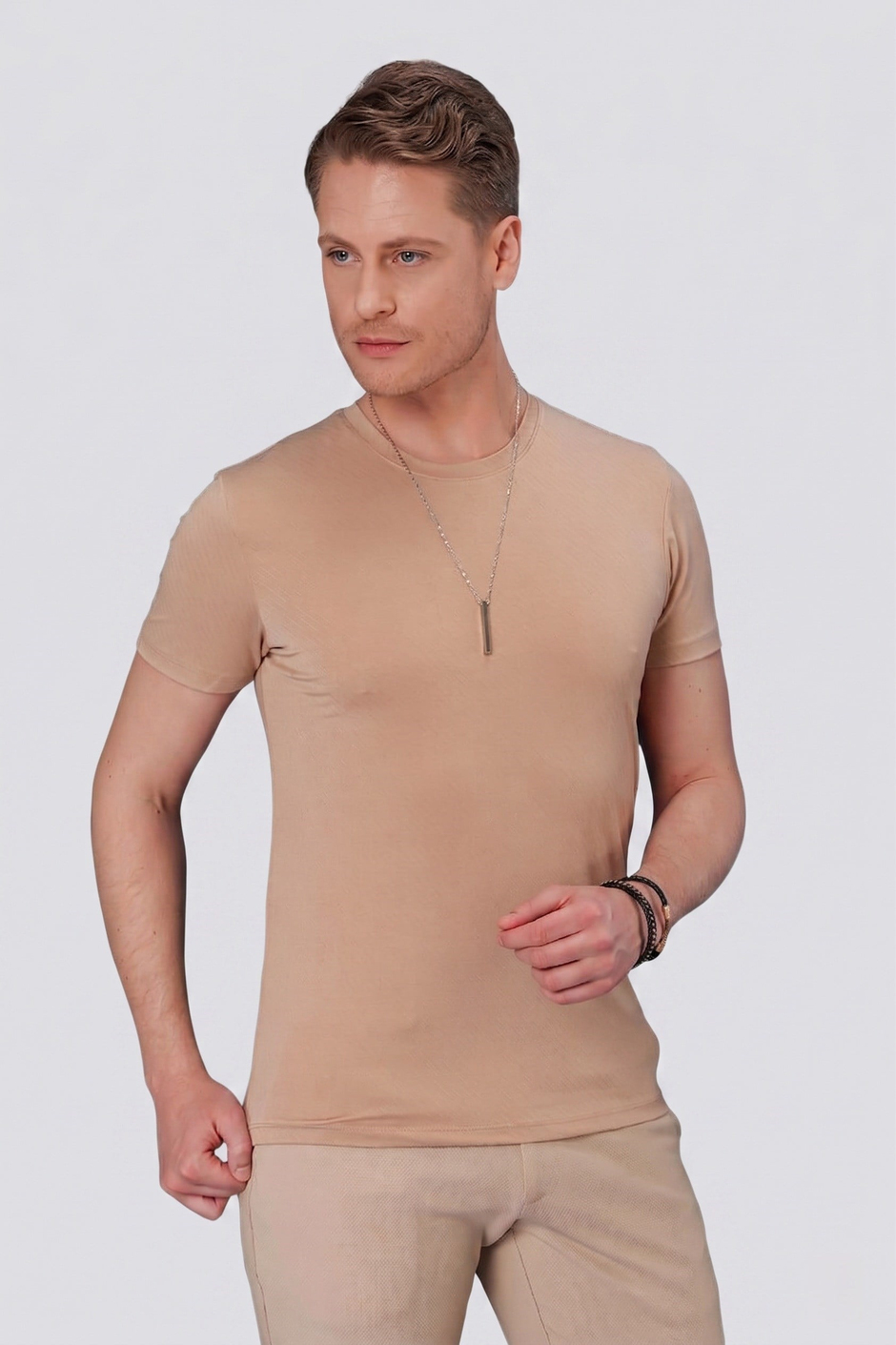 Slim Fit Doku Desenli Bisiklet Yaka Pamuklu Bej Tişört TS 846 