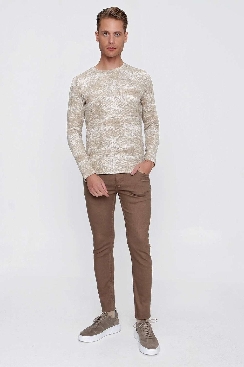 Slim Fit Doku Desenli Bisiklet Yaka Pamuklu Uzun Kollu Bej Tişört Ts 839