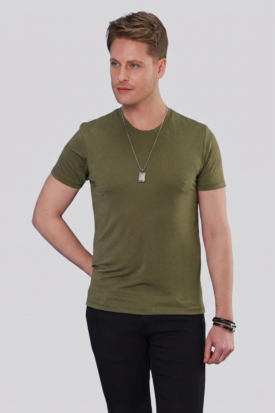 Slim Fit Doku Desenli Bisiklet Yaka Pamuklu Haki Tişört TS 846 