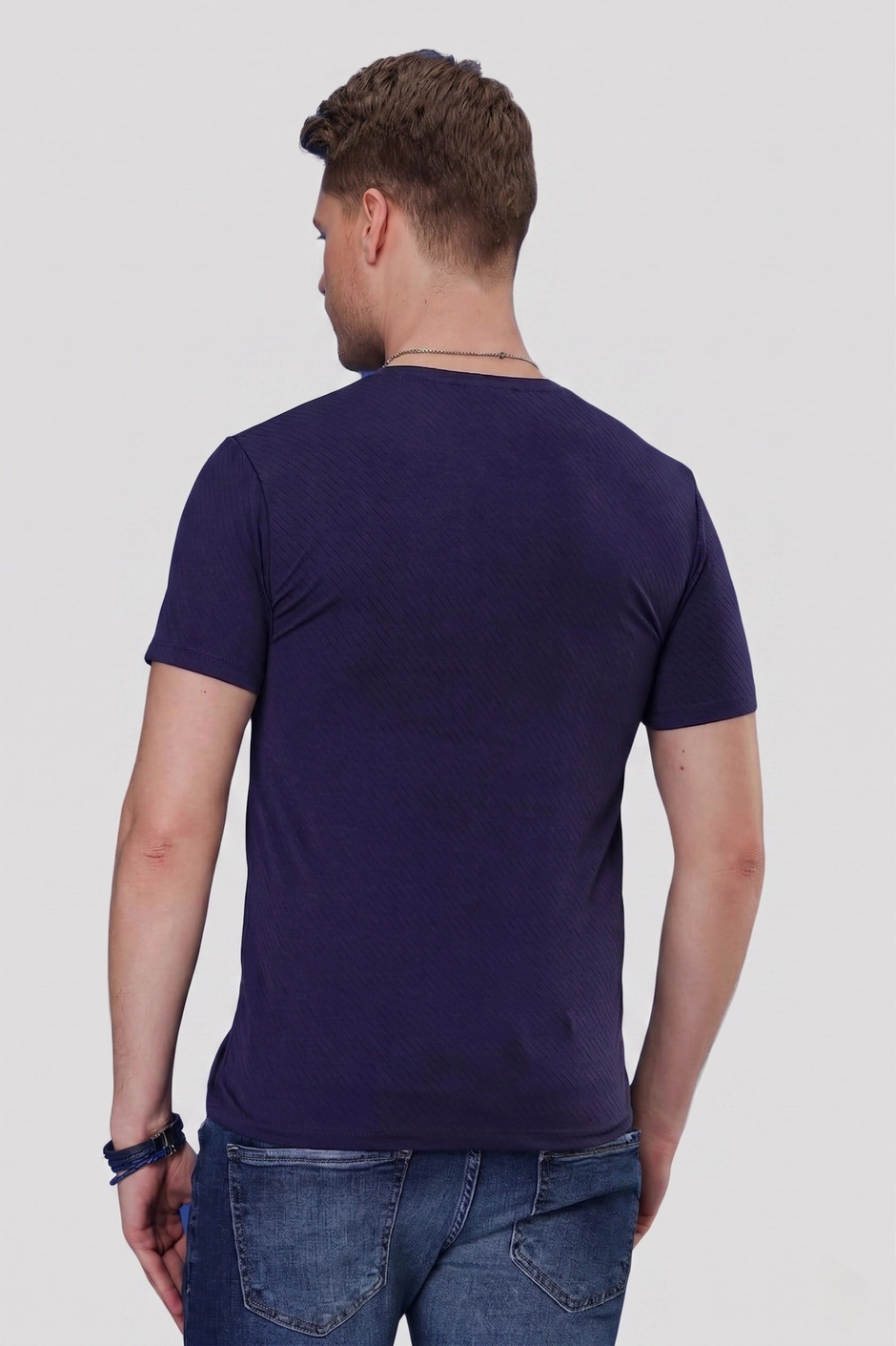 Slim Fit Doku Desenli Bisiklet Yaka Pamuklu Lacivert Tişört TS 846 