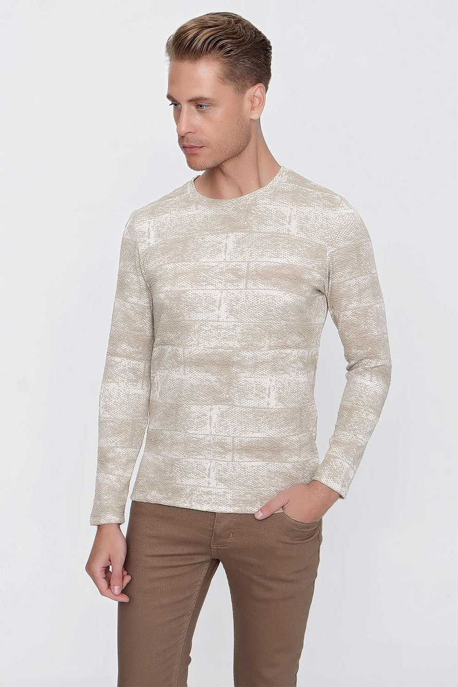 Slim Fit Doku Desenli Bisiklet Yaka Pamuklu Uzun Kollu Bej Tişört Ts 839