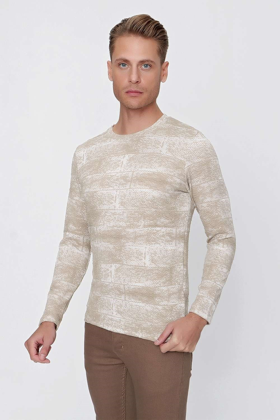 Slim Fit Doku Desenli Bisiklet Yaka Pamuklu Uzun Kollu Bej Tişört Ts 839