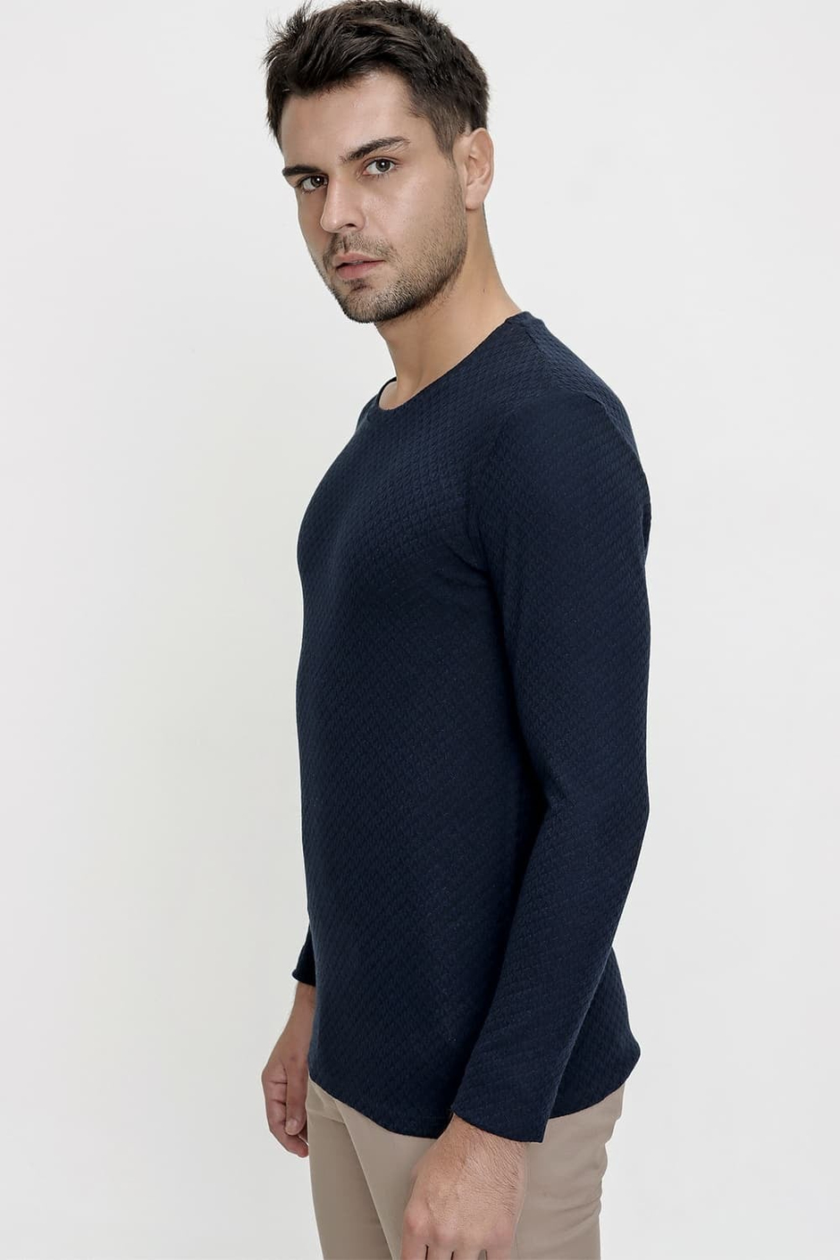 Slim Fit Doku Desenli Bisiklet Yaka Pamuklu Uzun Kollu Lacivert Tişört TS 819