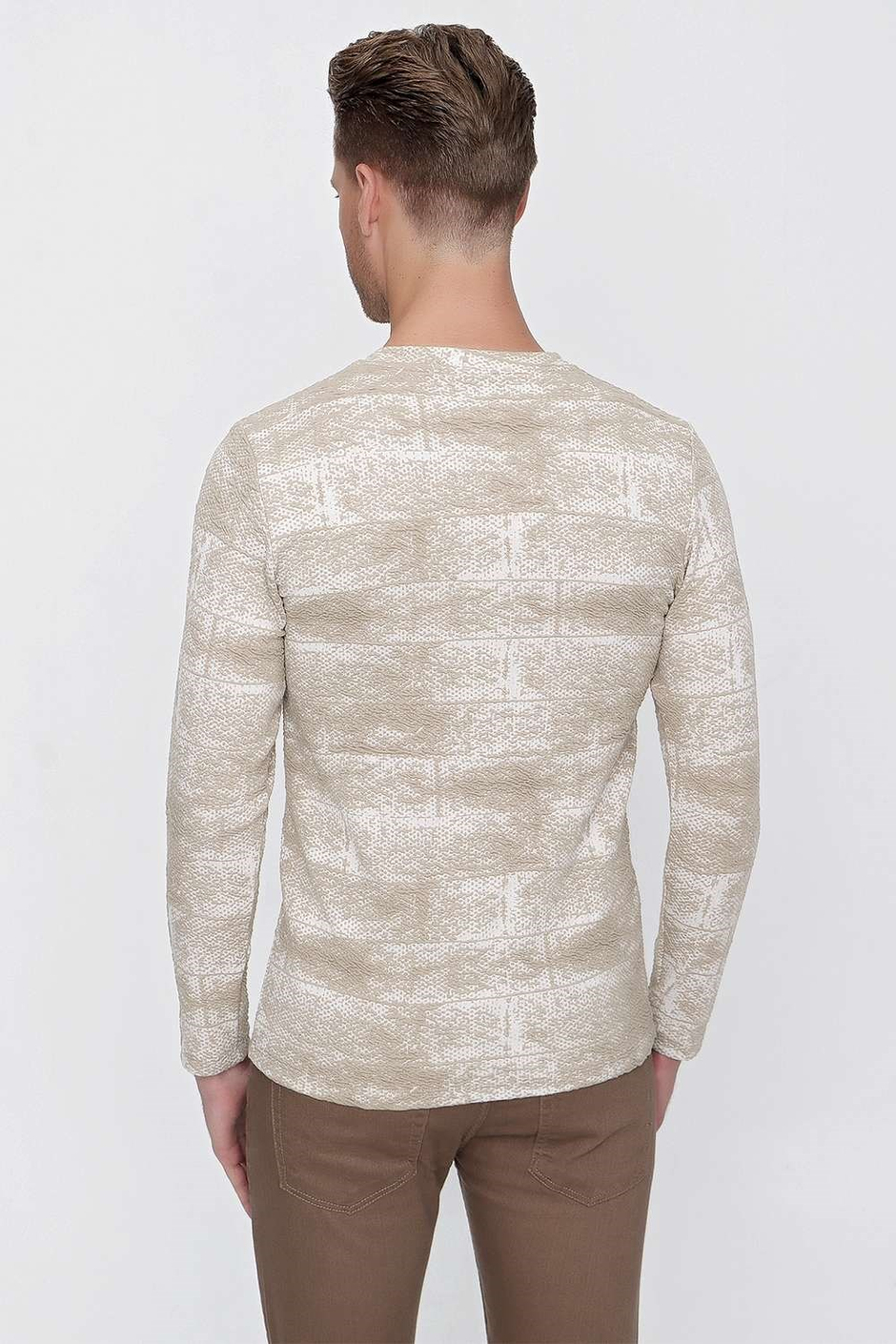 Slim Fit Doku Desenli Bisiklet Yaka Pamuklu Uzun Kollu Bej Tişört Ts 839