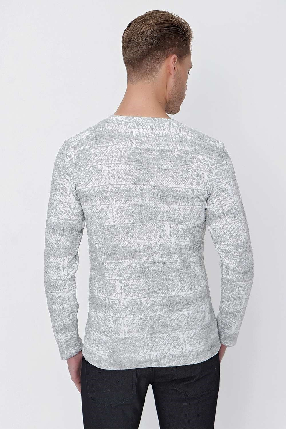 Slim Fit Doku Desenli Bisiklet Yaka Pamuklu Uzun Kollu Gri Tişört Ts 839
