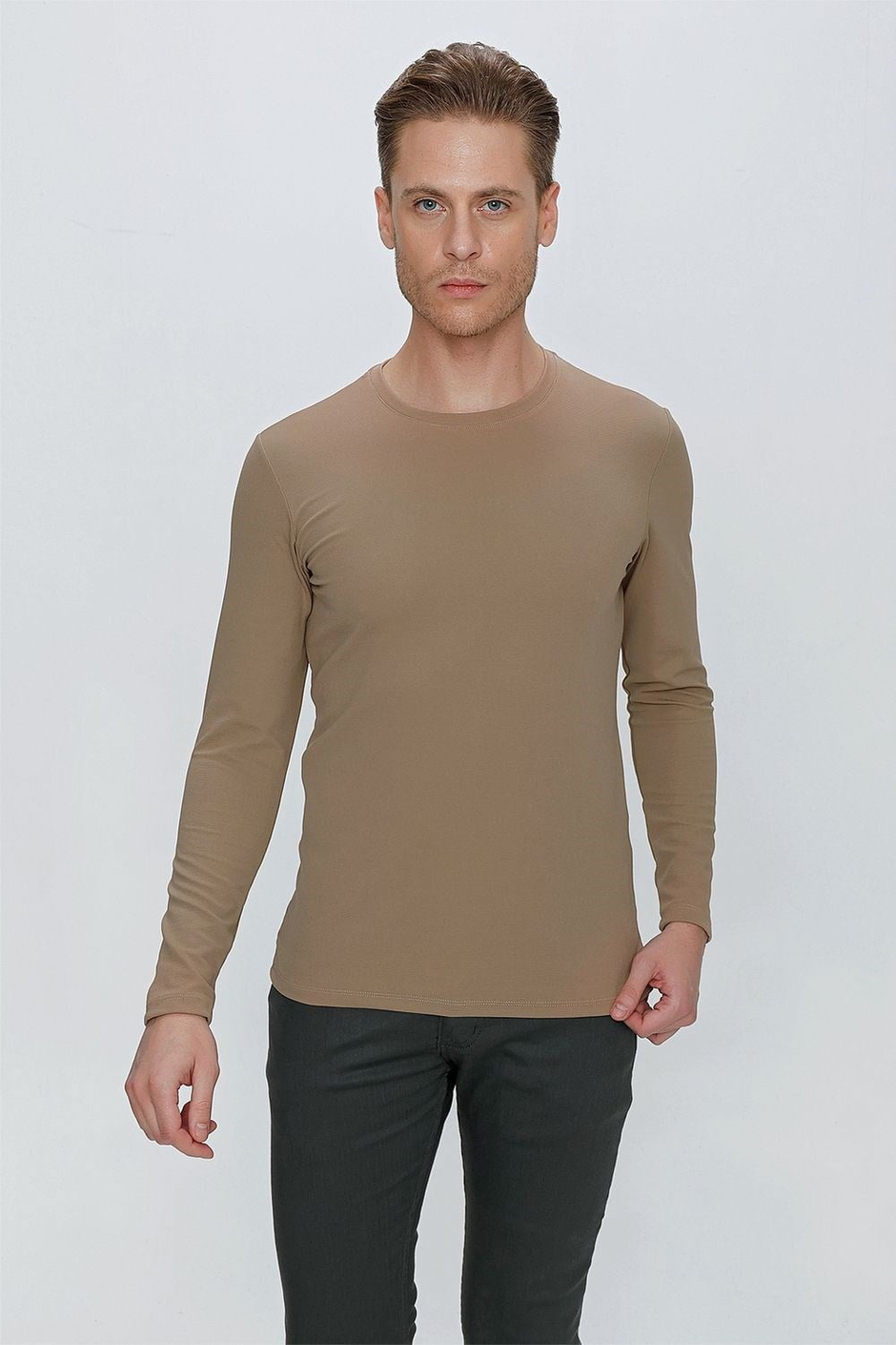 Slim Fit Doku Desenli Bisiklet Yaka Uzun Kollu Vizon Tişört Ts 841