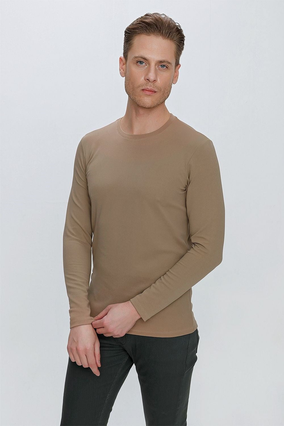 Slim Fit Doku Desenli Bisiklet Yaka Uzun Kollu Vizon Tişört Ts 841