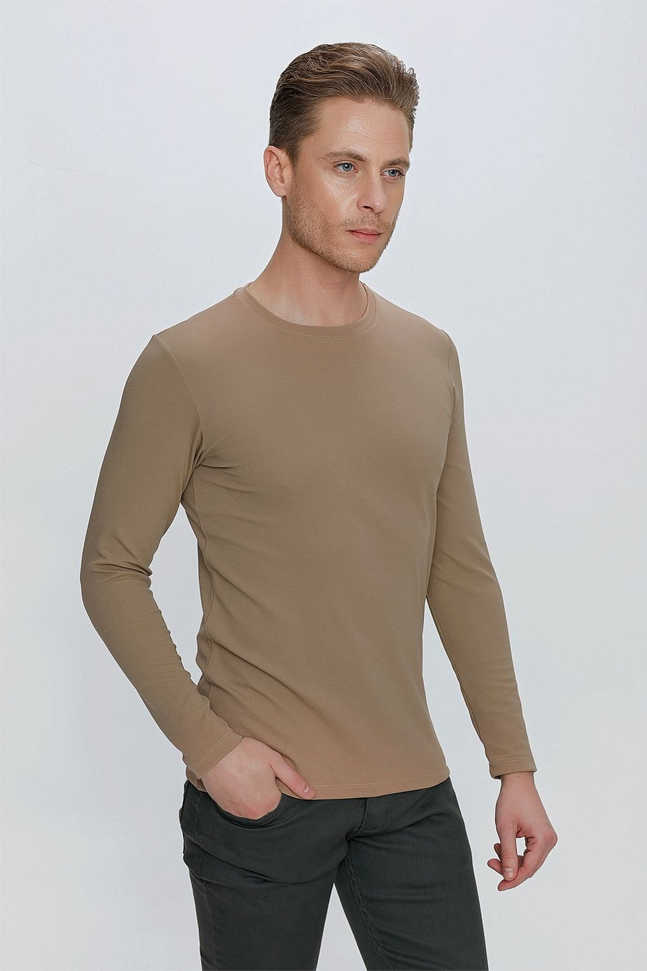 Slim Fit Doku Desenli Bisiklet Yaka Uzun Kollu Vizon Tişört Ts 841