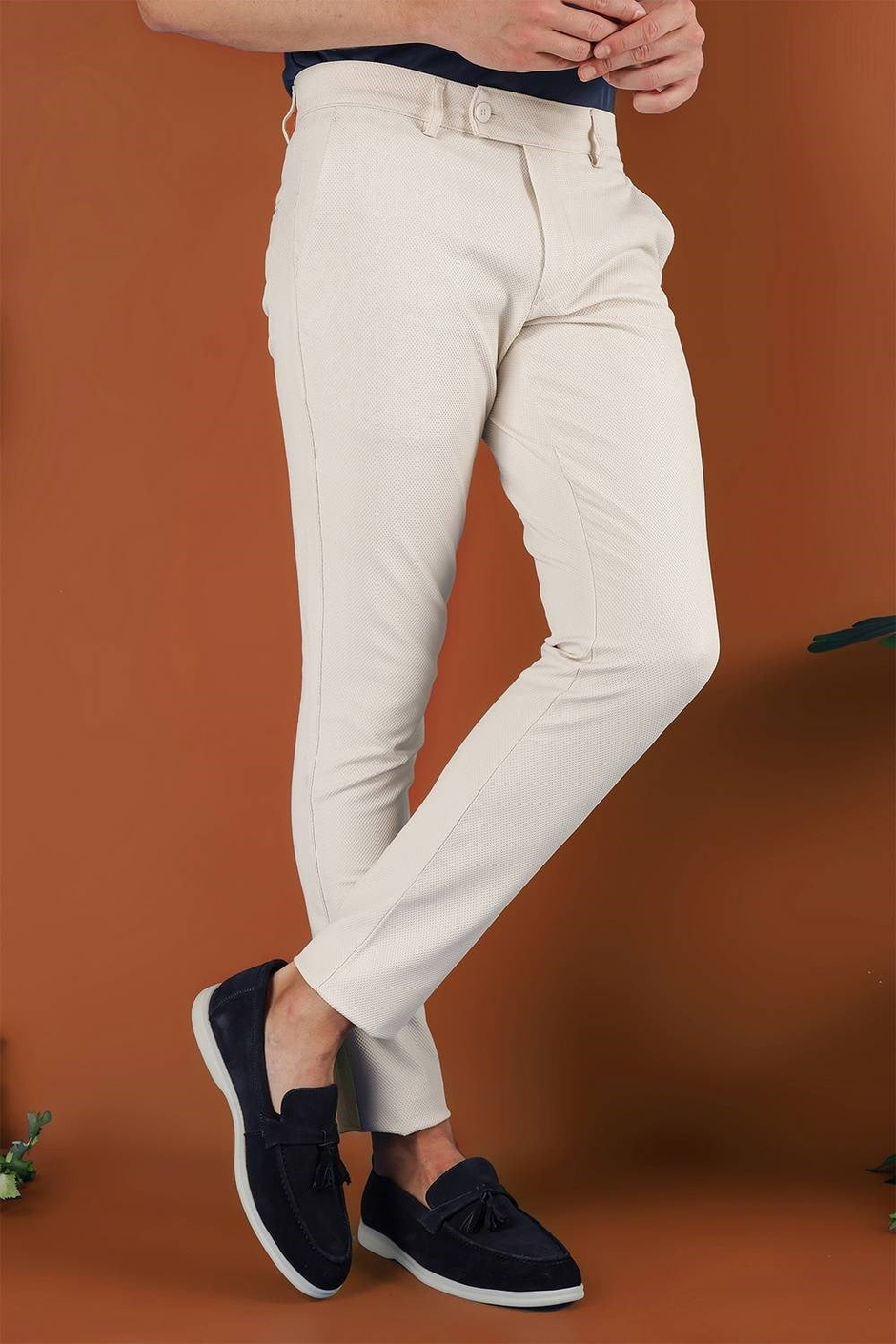 Slim Fit Doku Desenli Esnek Pamuk Krem Pantolon P 1120