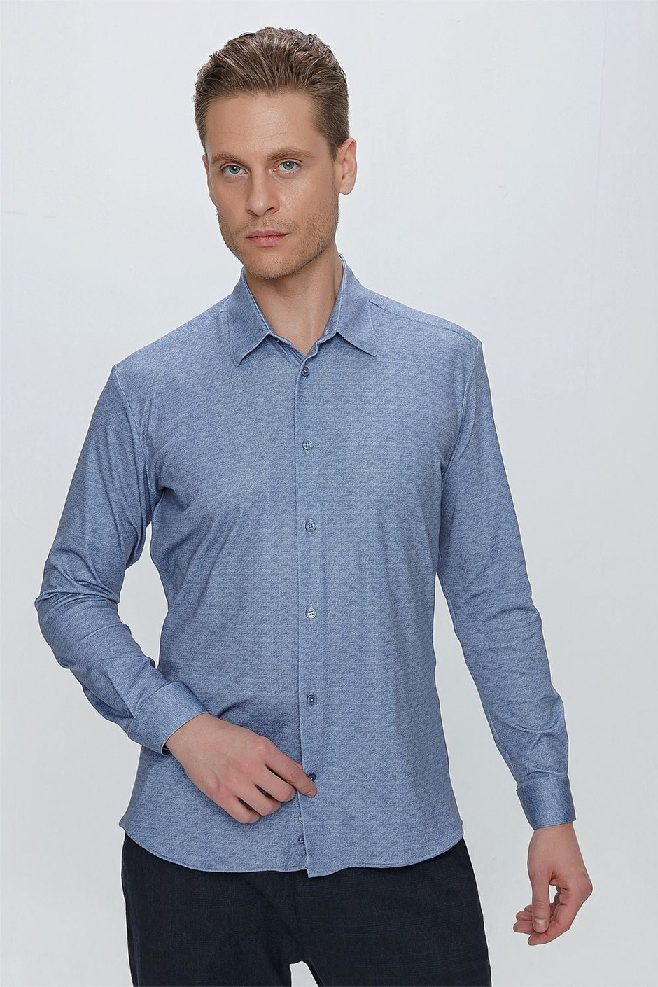 Slim Fit Doku Desenli Esnek Pamuk Mavi Gömlek G 1523