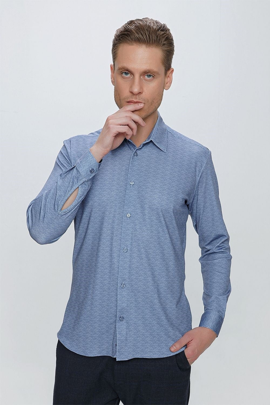 Slim Fit Doku Desenli Esnek Pamuk Mavi Gömlek G 1523