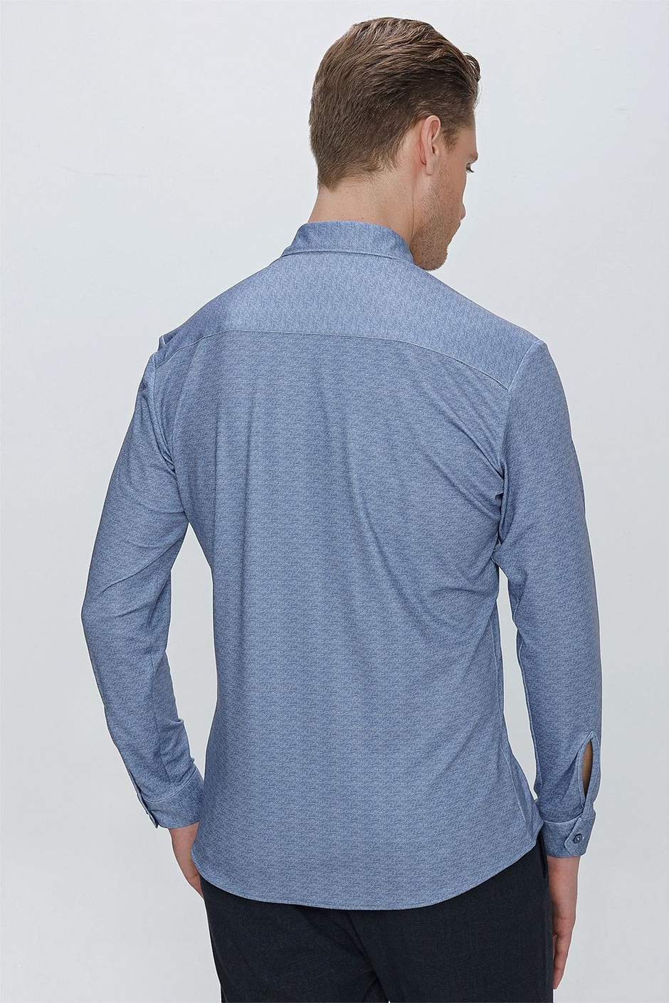 Slim Fit Doku Desenli Esnek Pamuk Mavi Gömlek G 1523