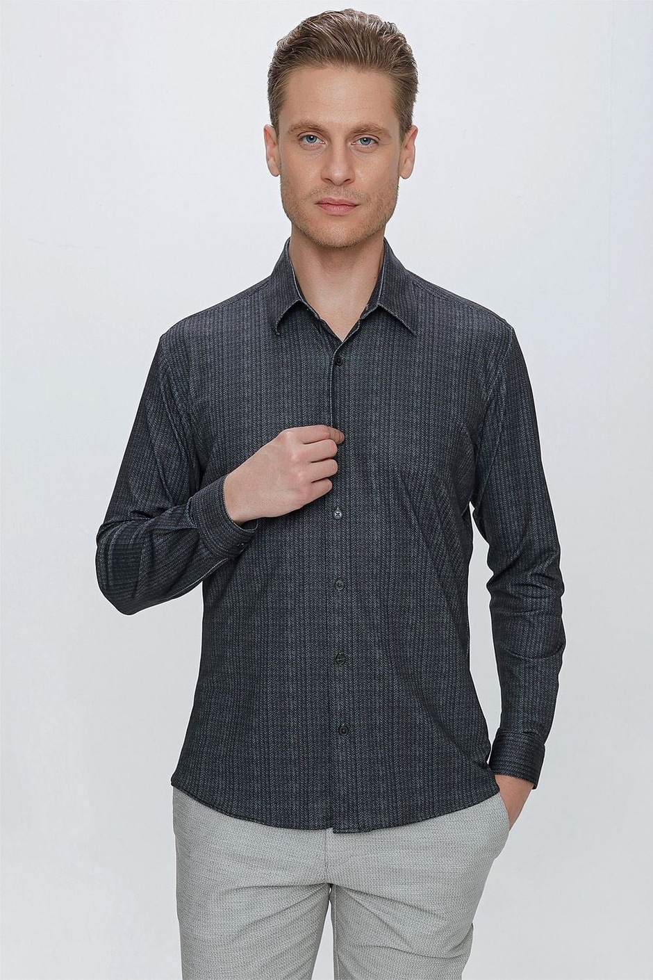 Slim Fit Doku Desenli Esnek Pamuk Siyah Gömlek G 1525