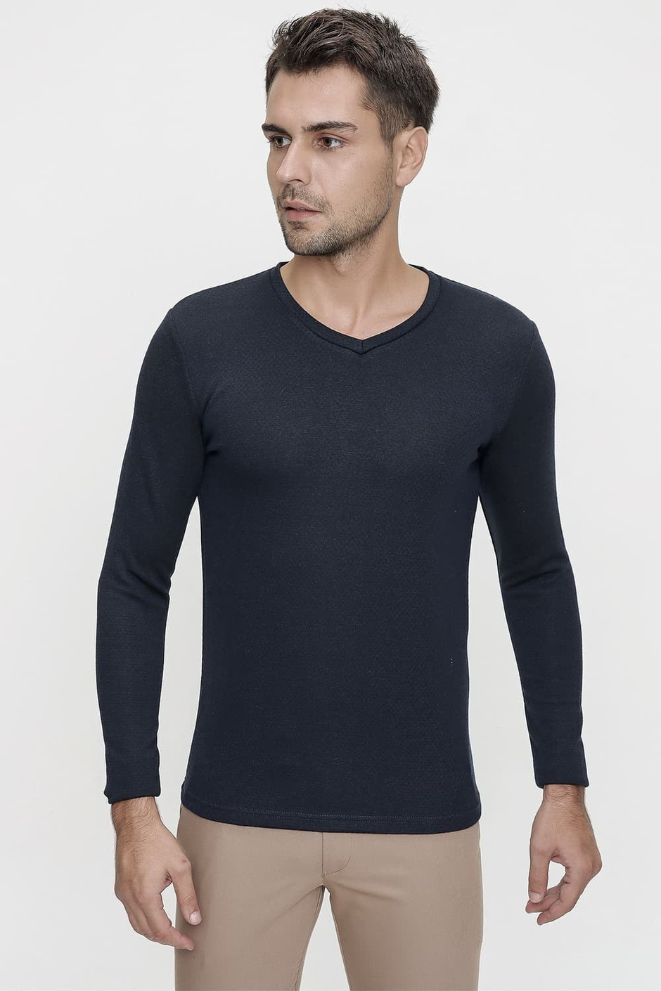 Slim Fit Doku Desenli Pamuklu V Yaka Uzun Kollu Lacivert Tişört TS 815