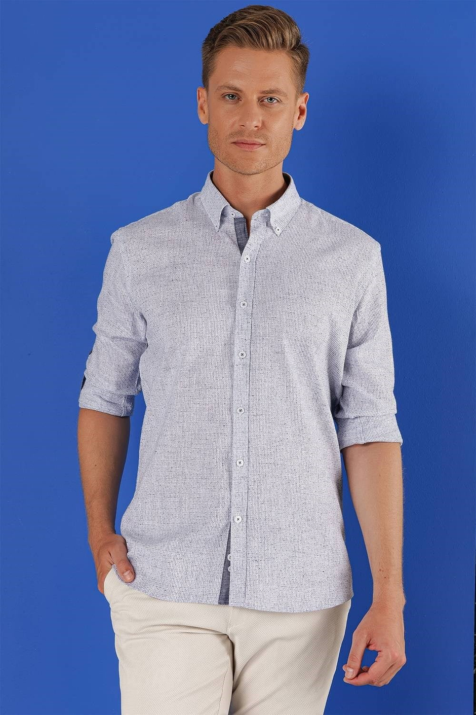 Slim Fit Doku Desenli Yaka Düğmeli %100 Keten Koyu Mavi Gömlek G 1555