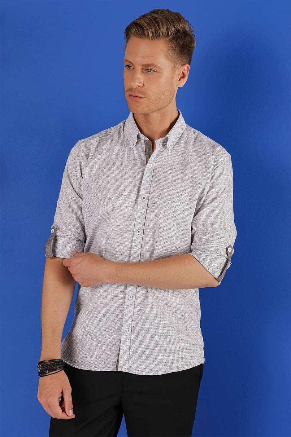 Slim Fit Doku Desenli Yaka Düğmeli %100 Keten Vizon Gömlek G 1555