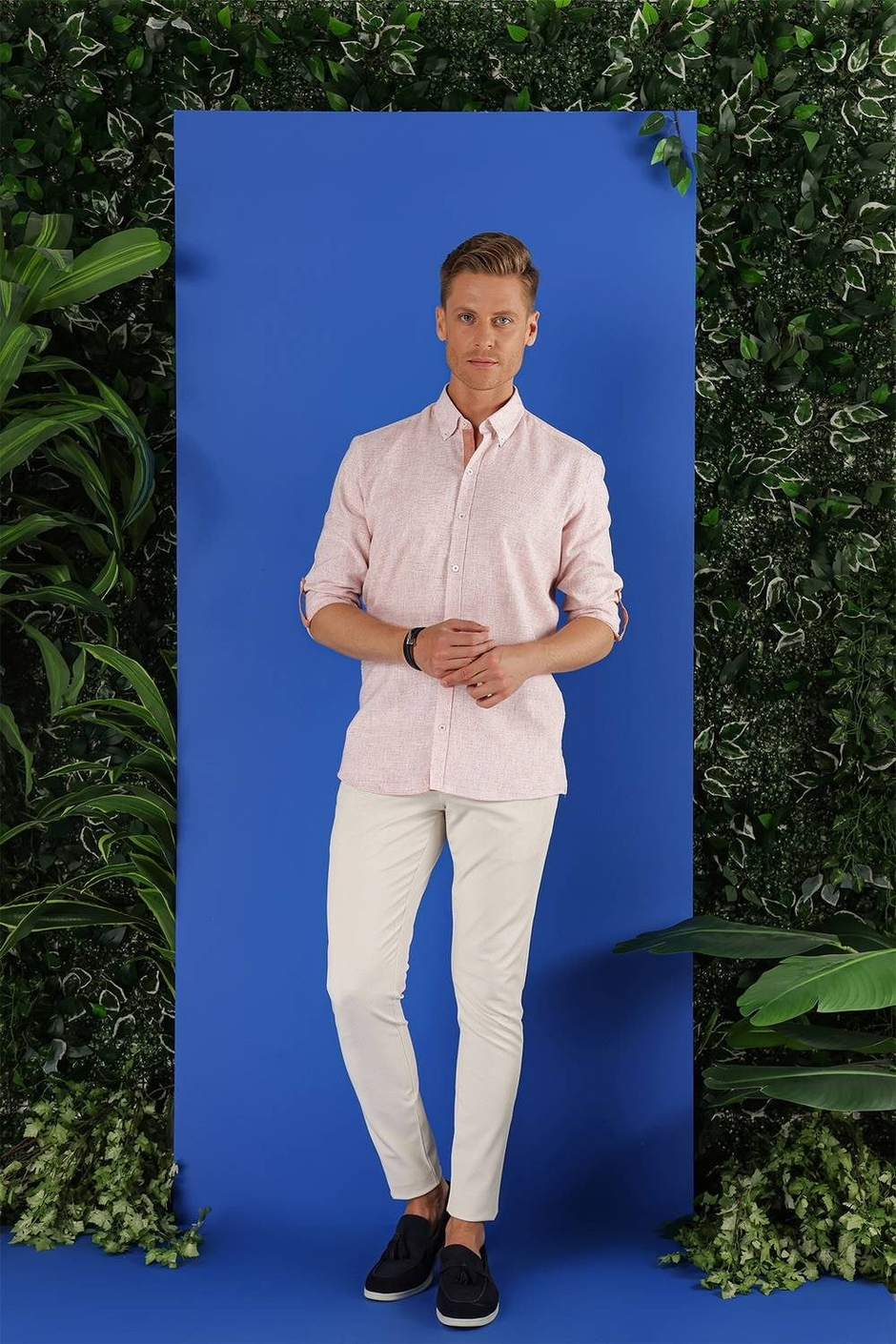 Slim Fit Doku Desenli Yaka Düğmeli %100 Keten Mercan Gömlek G 1555