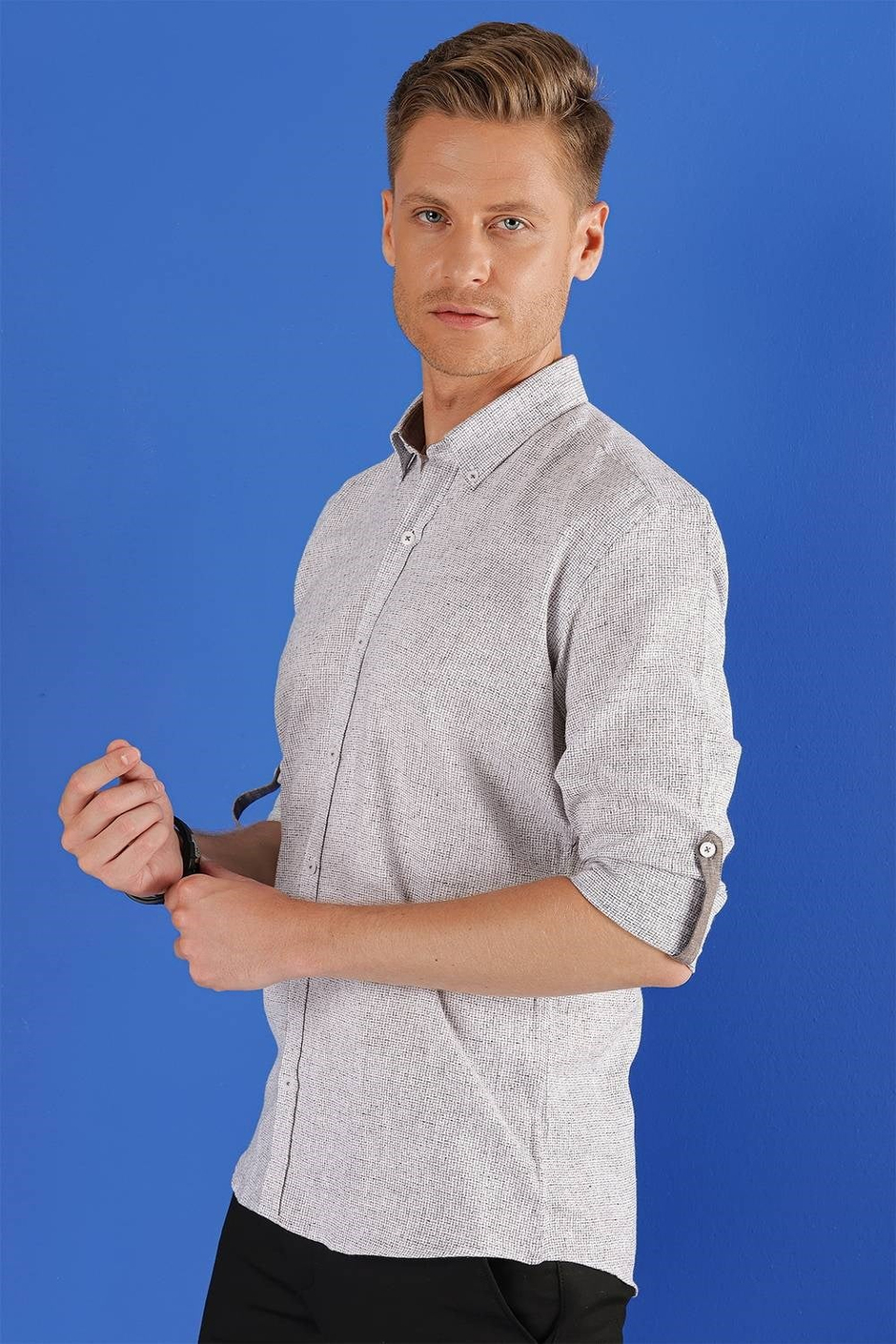 Slim Fit Doku Desenli Yaka Düğmeli %100 Keten Vizon Gömlek G 1555