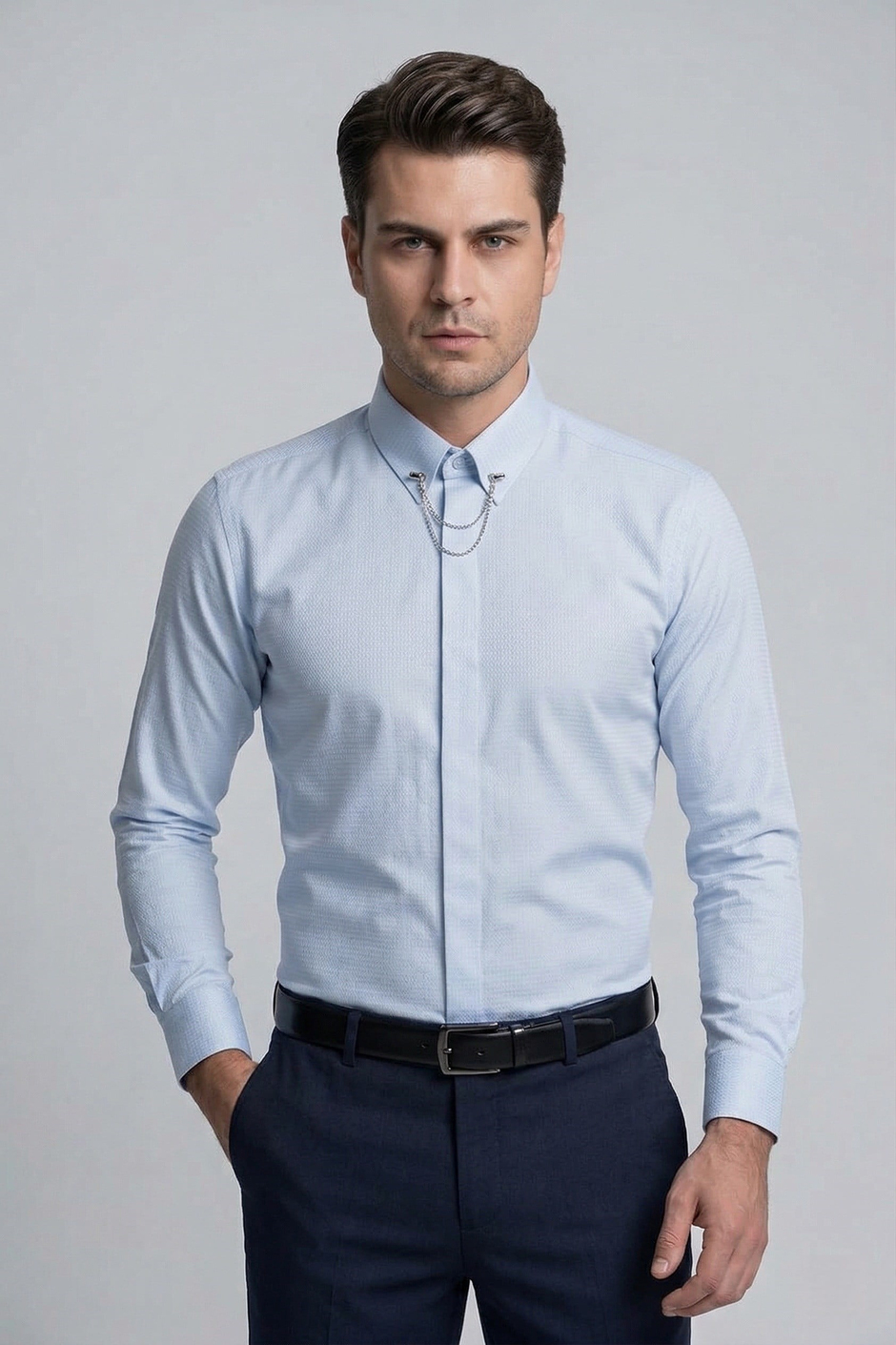 Slim Fit Doku Desenli Yaka Zincirli Mavi Gömlek GK 629