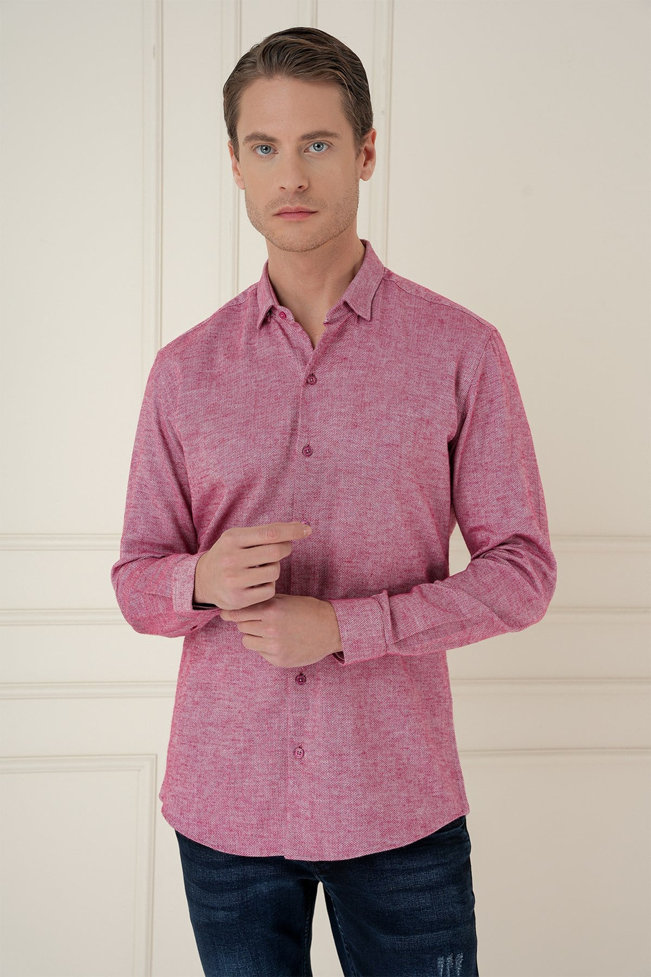 Slim Fit Dokulu %100 Pamuk Bordo Gömlek G 1584