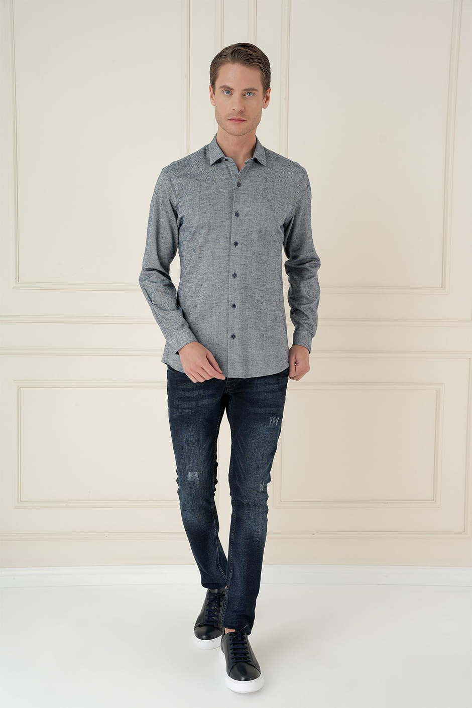 Slim Fit Dokulu %100 Pamuk Lacivert Gömlek G 1584