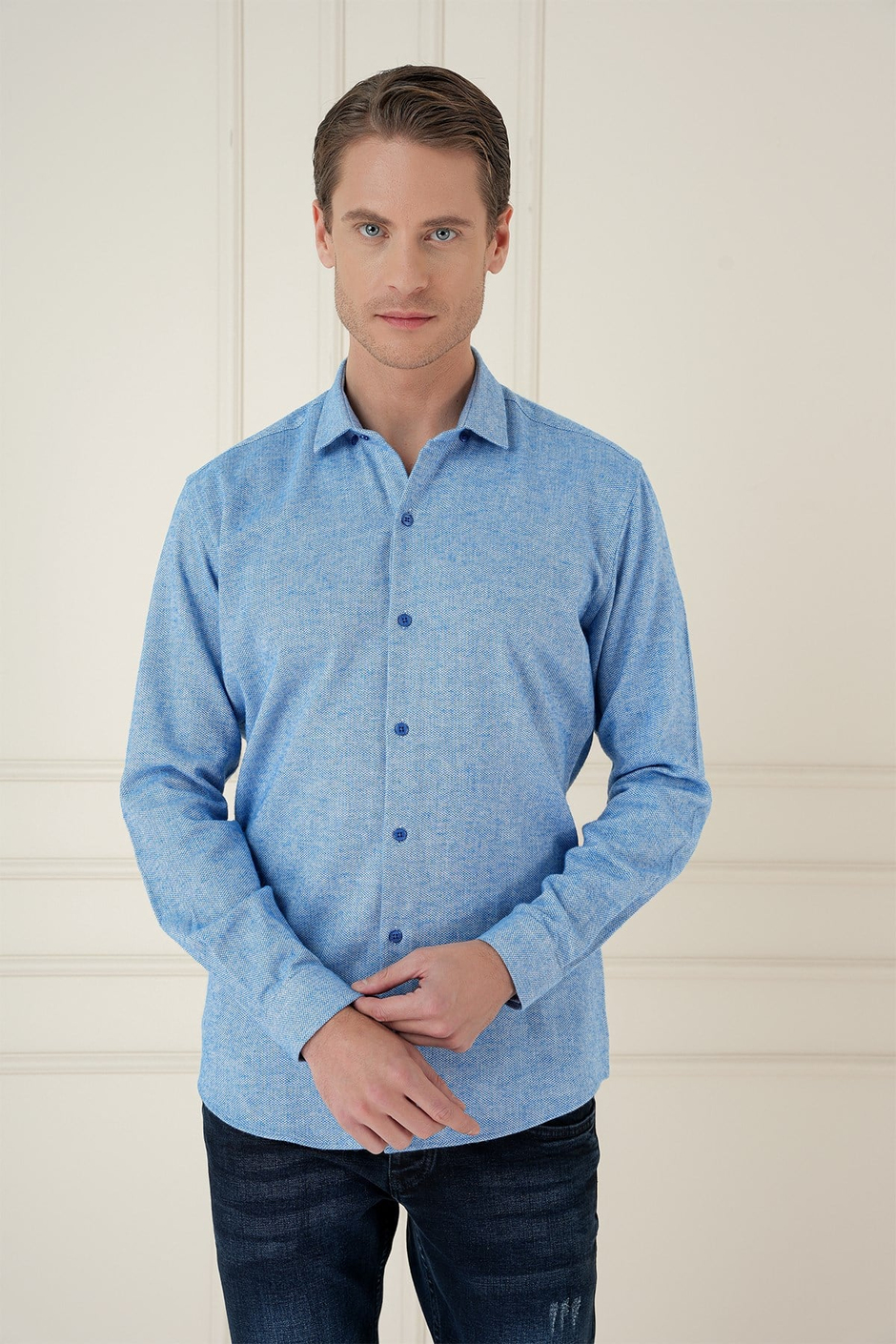 Slim Fit Dokulu %100 Pamuk Mavi Gömlek G 1584