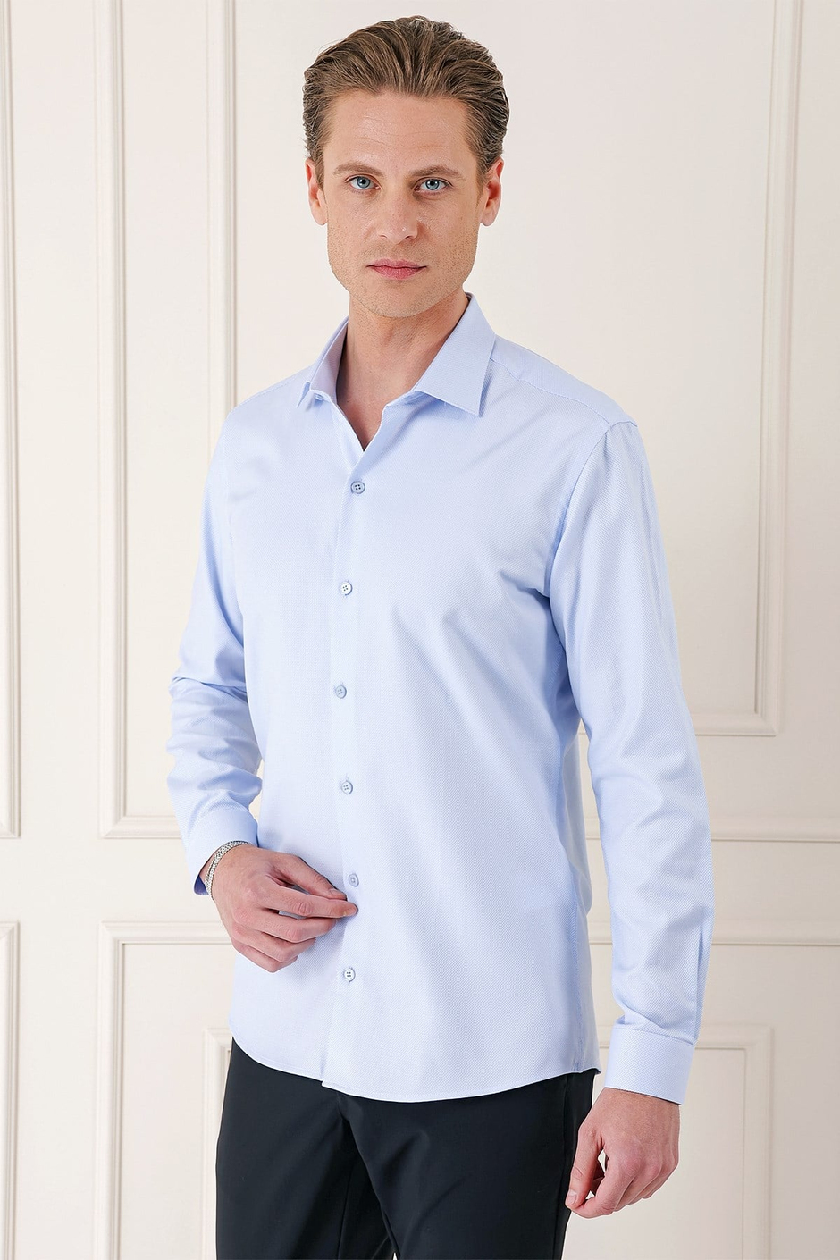 Slim Fit Dokulu %100 Pamuk Mavi Gömlek Gk 725
