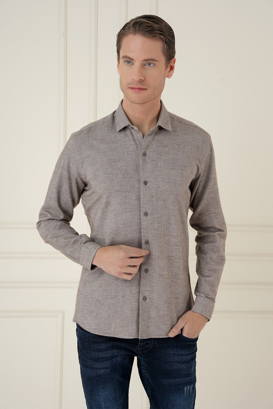Slim Fit Dokulu %100 Pamuk Toprak Gömlek G 1584